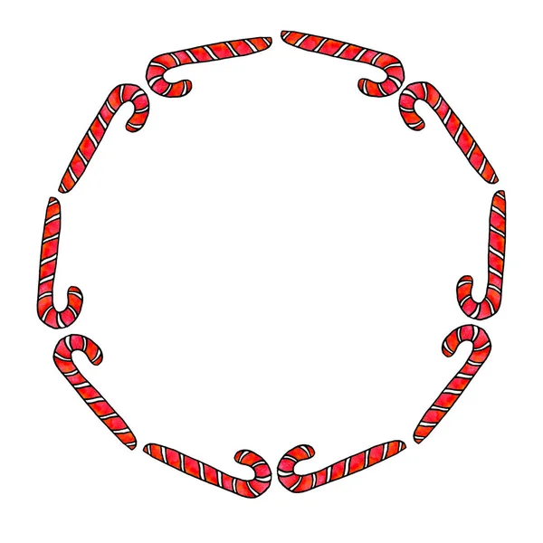 丸いフレームは、キャンディー杖で作られています。新年とクリスマスの背景とテクスチャ。グリーティングカード、写真、デザイン、印刷のために — ストック写真