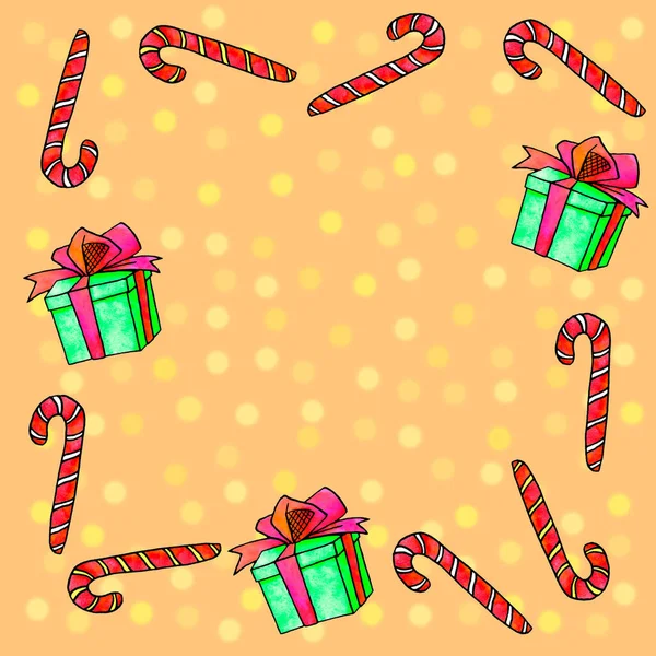 El marco está hecho de bastón de caramelo, cajas de regalo. Fondos y texturas de Año Nuevo y Navidad. Para tarjetas de felicitación, foto, diseño, impresión — Foto de Stock