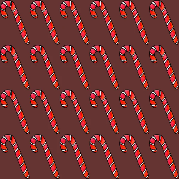Płynny ręcznie rysowane wzór z trzciny cukrowej akwarela, słodycze, lizak. Nowy rok i Boże Narodzenie tła i tekstury. Kartki okolicznościowe, papier pakowy, opakowanie, tkanina, kalendarze, nadruki — Zdjęcie stockowe