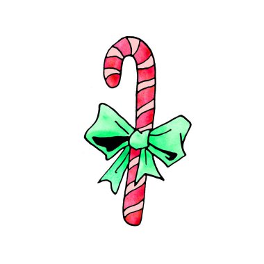 Şeker kamışı, şeker, lolipop. Yeni yıl Noel tatili çizimleri sanat, karalama, çizim, el çizimi. Tebrik kartları, davetiyeler, takvimler, baskılar, çocuk kitapları için basit renk illüstrasyonu