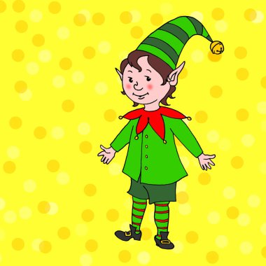 Sevimli küçük Noel Elf Çocuğu. Yeni yıl ve Xmas karakterleri. Tebrik kartları, takvimler, baskılar ve çocuk kitabı için basit renk çizelgesi