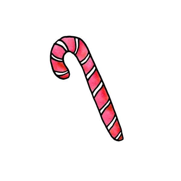 Candy cane, sweets, lollipop. New year Xmas holidays line art, doodle, sketch, hand drawn. Simple color illustration for greeting cards, invitation cards, calendars, prints, childrens book — Stock Photo, Image