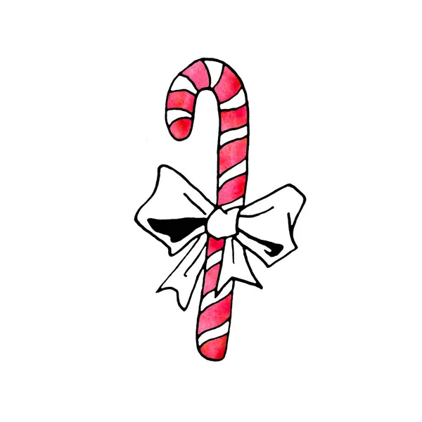 Candy cane, sweets, lollipop. New year Xmas holidays line art, doodle, sketch, hand drawn. Simple color illustration for greeting cards, invitation cards, calendars, prints, childrens book