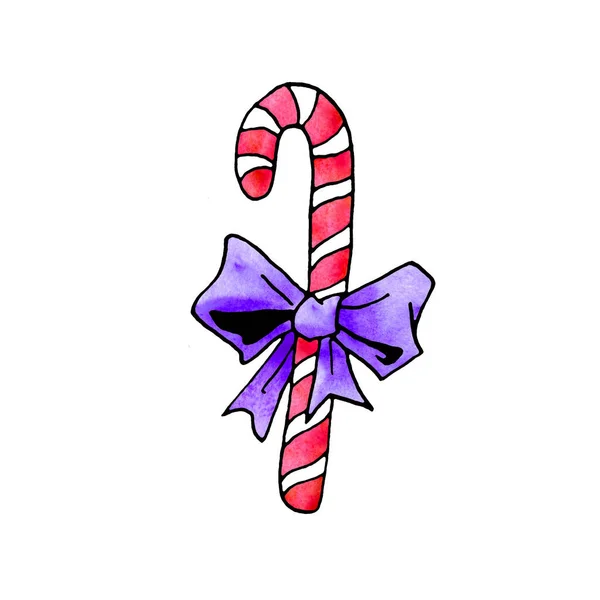 Candy cane, sweets, lollipop. New year Xmas holidays line art, doodle, sketch, hand drawn. Simple color illustration for greeting cards, invitation cards, calendars, prints, childrens book