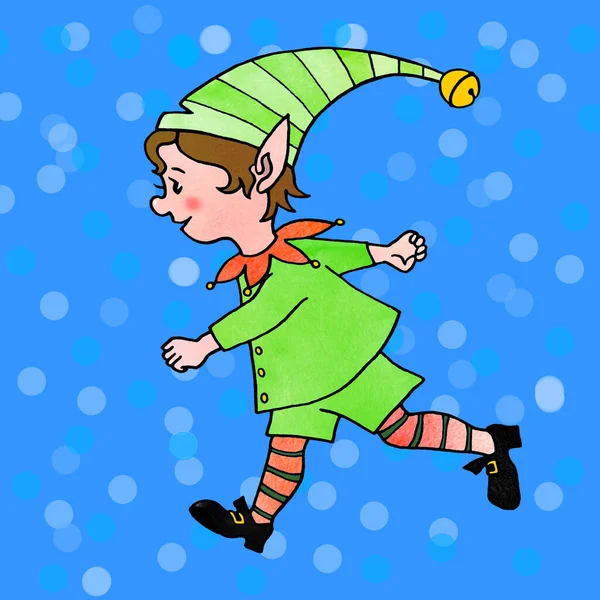 Маленький різдвяний ельфійський хлопчик. Новий рік і героїні Хмас. Проста кольорова ілюстрація для вітальних листівок, календарів, гравюр, дитячої книги. — стокове фото