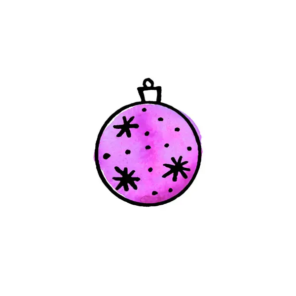 Christmas watercolor tree ball isolated on white background. New year and Christmas line art, doodle, sketch, hand drawn. Simple illustration for greeting cards, calendars, prints — Stock Photo, Image