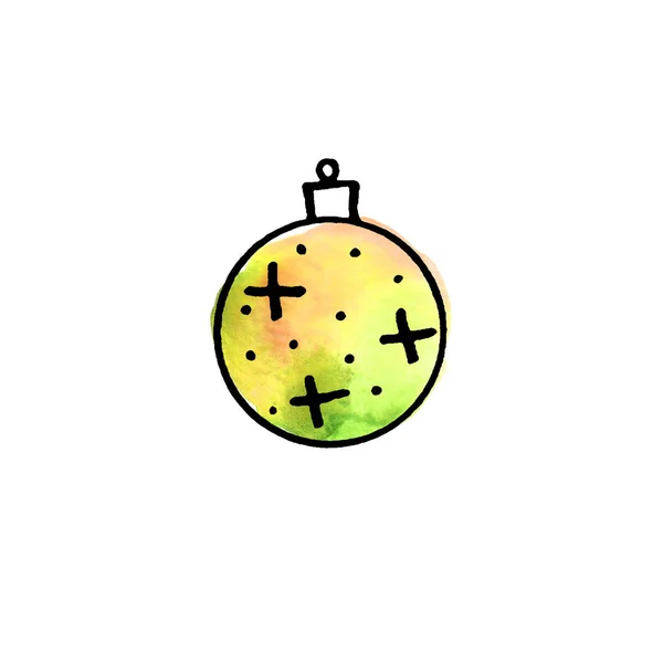 Bola de árvore aquarela Natal isolado no fundo branco. Ano Novo e arte linha de Natal, doodle, esboço, mão desenhada. Ilustração simples para cartões de felicitações, calendários, gravuras — Fotografia de Stock