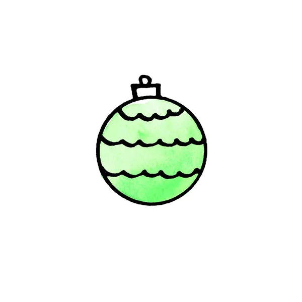 Christmas watercolor tree ball isolated on white background. New year and Christmas line art, doodle, sketch, hand drawn. Simple illustration for greeting cards, calendars, prints — Stock Photo, Image