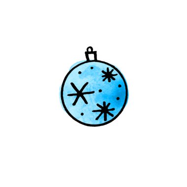 Beyaz arka planda izole edilmiş Noel suluboya ağacı topu. Yeni yıl ve Noel çizimleri, karalama, eskiz, el çizimi. Tebrik kartları, takvimler, baskılar için basit illüstrasyon