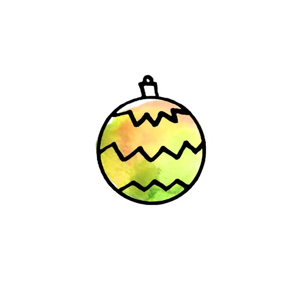 Christmas watercolor tree ball isolated on white background. New year and Christmas line art, doodle, sketch, hand drawn. Simple illustration for greeting cards, calendars, prints — Stock Photo, Image