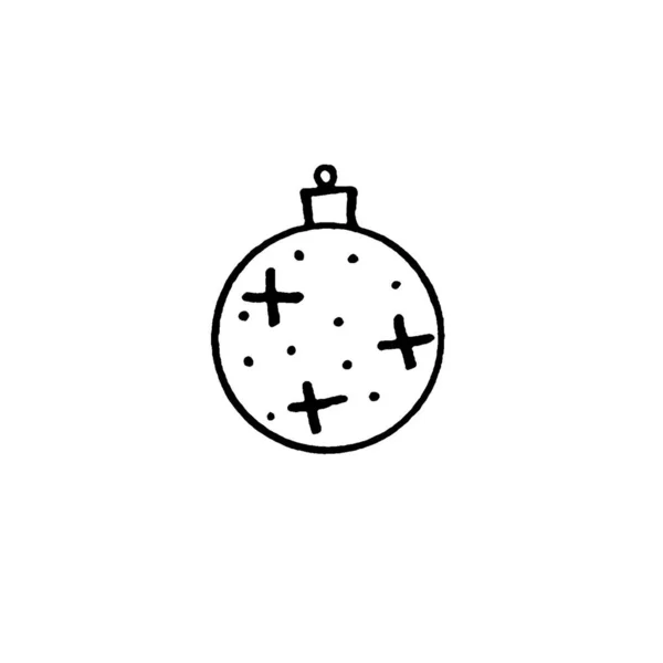 Bola de árbol de Navidad aislada sobre fondo blanco. Año nuevo y la línea de arte de Navidad, garabato, boceto, dibujado a mano. Ilustración simple para tarjetas de felicitación, calendarios, impresiones, libro para colorear para niños —  Fotos de Stock