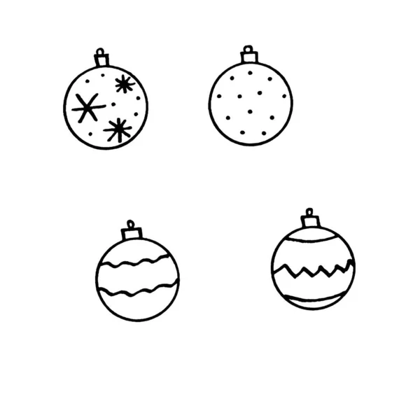 Bola de árvore de Natal isolado no fundo branco. Ano Novo e arte linha de Natal, doodle, esboço, mão desenhada. Ilustração simples para cartões de saudação, calendários, gravuras, livro de colorir para crianças — Fotografia de Stock