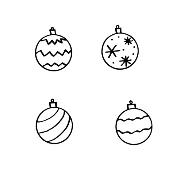 白い背景に隔離されたクリスマスツリーボール。新年やクリスマスラインアート、ドア、スケッチ、手描き。グリーティングカード、カレンダー、プリント、子供のぬり絵のための簡単なイラスト — ストック写真