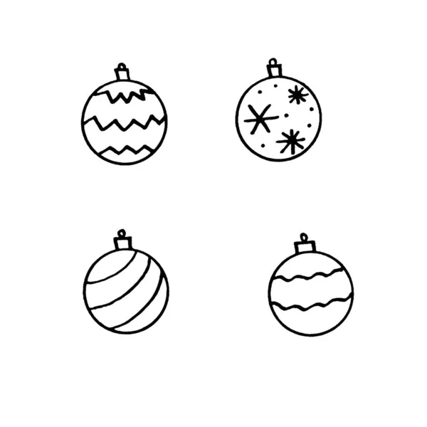 Bola de árbol de Navidad aislada sobre fondo blanco. Año nuevo y la línea de arte de Navidad, garabato, boceto, dibujado a mano. Ilustración simple para tarjetas de felicitación, calendarios, impresiones, libro para colorear para niños —  Fotos de Stock