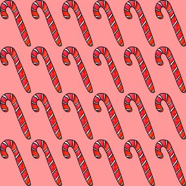 Şekerleme, şeker ve lolipopla kusursuz bir el çizimi. Yeni yıl ve Noel arkaplanı ve dokusu. Tebrik kartları, ambalaj kağıdı, ambalaj, kumaş, takvimler, baskılar için