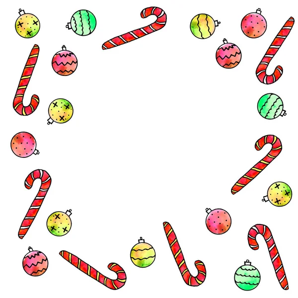 El marco está hecho de bastón de caramelo, bolas de árbol de Navidad. Fondos y texturas de Año Nuevo y Navidad. Para tarjetas de felicitación, foto, diseño, impresión —  Fotos de Stock