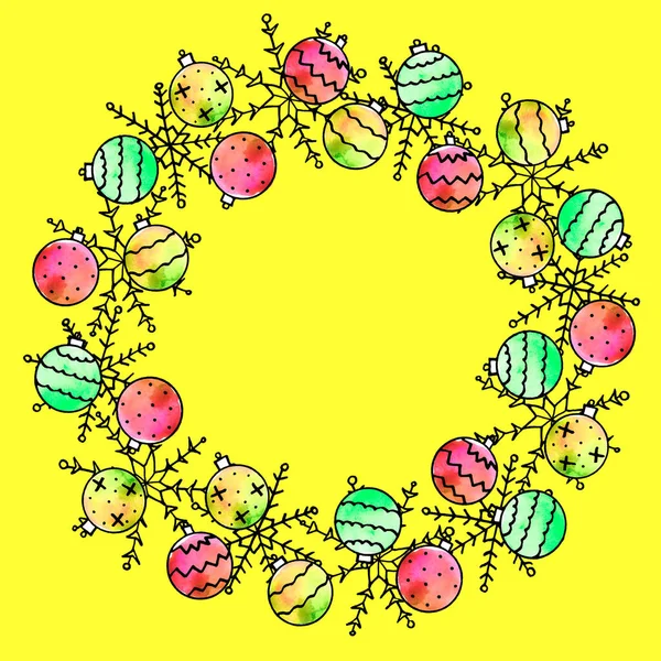 Karácsony és újév, egyszerű hópelyhek koszorúja. Üdvözlőlap: Boldog Karácsonyt. A téli ünnepek háttere. Doodle rajzfilm illusztráció. — Stock Fotó