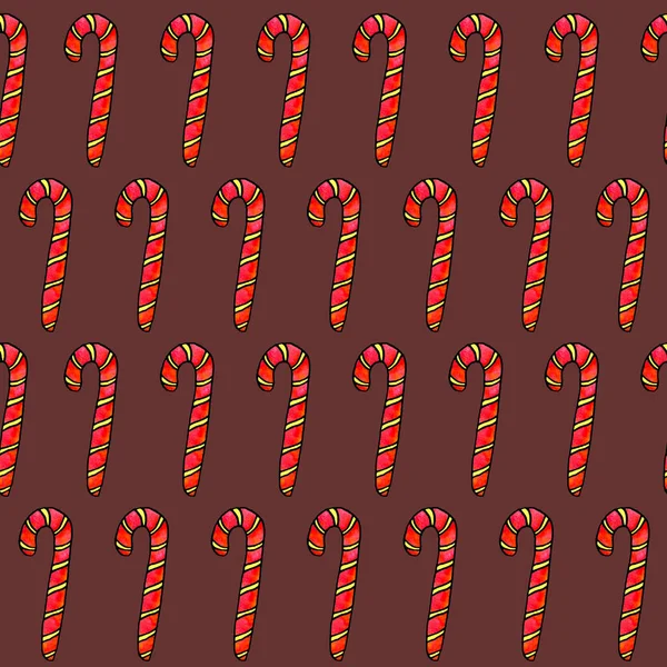 Seamless hand drawn pattern with watercolor candy cane, sweets, lollipop. New year and Christmas backgrounds and texture. For greeting cards, wrapping paper, packaging, fabric, calendars, prints