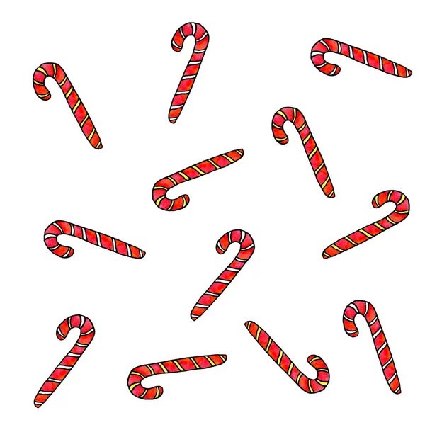 Nahtloses Muster mit rotem Weihnachtsbonbon, Süßigkeiten auf weißem Hintergrund. Neujahr Xmas Hintergründe und Textur. nahtloses Farbmuster für Grußkarten, Geschenkpapier, Textilien, Stoff, Druck — Stockfoto