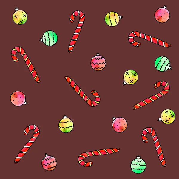 Sömlöst mönster med julgodis käpp, sötsaker, julgran bollar på brun bakgrund. Nytt år Julbakgrund och textur. Sömlös färg mönster för gratulationskort, omslagspapper, textil, — Stockfoto