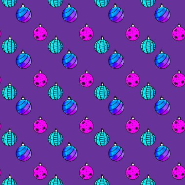 Suluboya Noel ağacı toplarıyla kusursuz desen. Yeni yıl Xmas arka plan dokusu. El çizimi. Tebrik kartları, ambalaj kağıdı, ambalaj, kumaş, takvimler, baskılar için