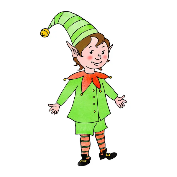 Carino il piccolo Elfo di Natale. Anno nuovo e caratteri di Natale. Illustrazione a colori semplice per biglietti di auguri, calendari, stampe, libri per bambini — Foto Stock