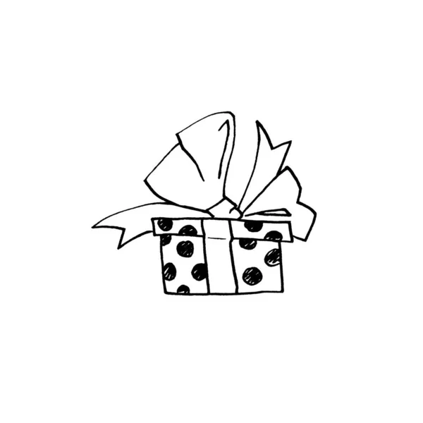 Δώρο, κουτί δώρου. Ντουντλς, γραμμή τέχνης, ζωγραφισμένα στο χέρι. Για τα Χριστούγεννα, το νέο έτος, γενέθλια, Ημέρα του Αγίου Βαλεντίνου, γάμος, διακοπές — Φωτογραφία Αρχείου