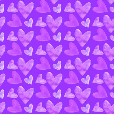 Suluboya kalpli kusursuz bir desen. Romantik aşk elinin arka plan dokusu. Kutlama kartları, ambalaj kağıtları, ambalaj, düğün, doğum günü, kumaş, tekstil, Sevgililer Günü, Anneler Günü