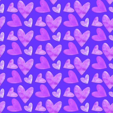 Suluboya kalpli kusursuz bir desen. Romantik aşk elinin arka plan dokusu. Kutlama kartları, ambalaj kağıtları, ambalaj, düğün, doğum günü, kumaş, tekstil, Sevgililer Günü, Anneler Günü