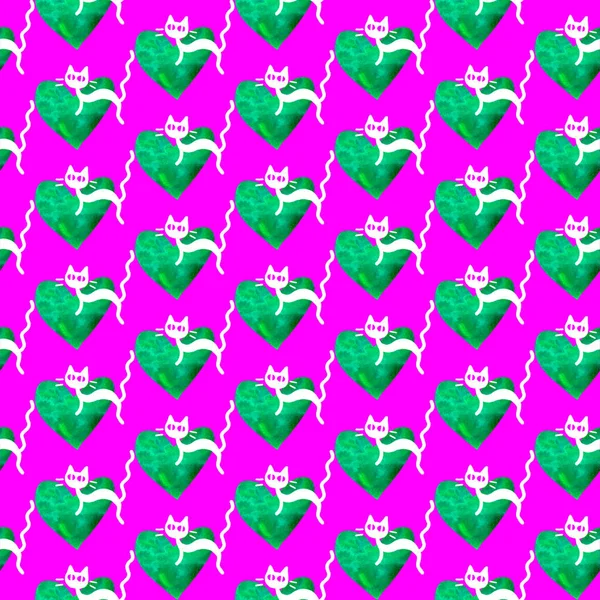 Sød sømløs mønster med hjerter og katte. Romantisk tekstur til baggrunde, indpakningspapir, emballage, lykønskningskort, tryk, omslag, stof, tekstil, fødselsdag, Valentinsdag - Stock-foto