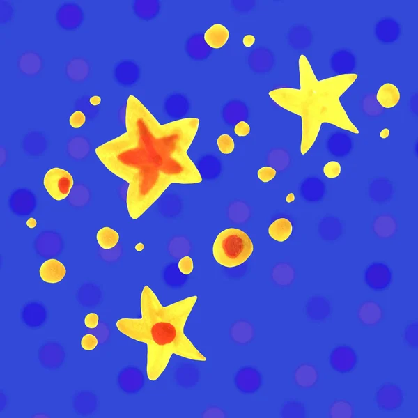 Akvarell gula och orange stjärnor i blå himmel. Abstrakt bakgrund för din design — Stockfoto