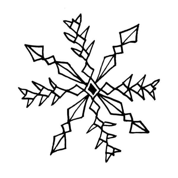 Чорна Сніжинка ізольована на білому тлі. Лінійне мистецтво, каракулі, ескізи, малюнки рук. Xmas New Year - елементи дизайну та ікон. Проста ілюстрація вітальних листівок, календарів, відбитків — стокове фото
