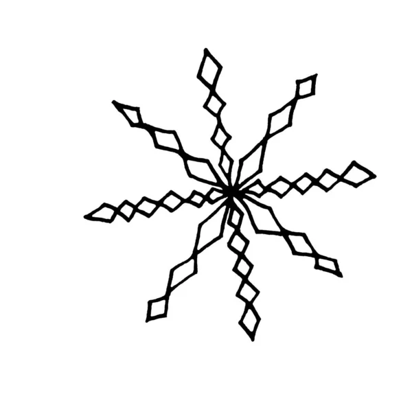 白い背景に黒い雪の結晶が隔離されている。線画、ドア、スケッチ、手描き。Xmasの新年の冬の要素のデザインやアイコン。グリーティングカード、カレンダー、プリントのための簡単なイラスト — ストック写真