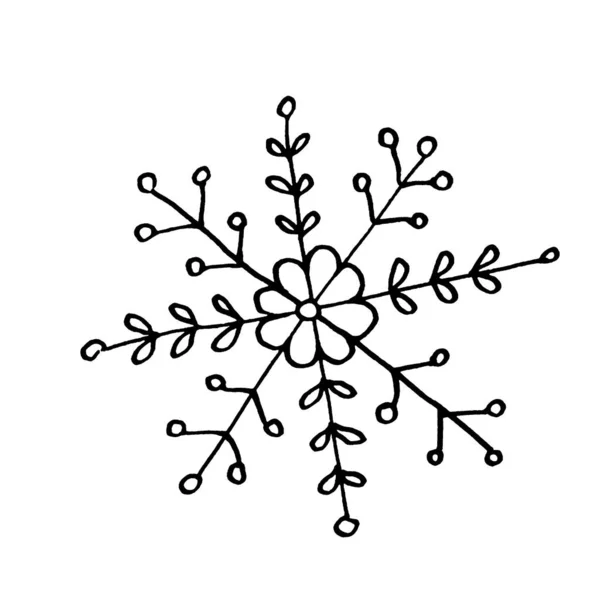 Floco de neve preto isolado no fundo branco. Arte de linha, rabiscos, esboços, desenhados à mão. Xmas elementos de inverno de Ano Novo de design e ícones. Ilustração simples para cartões de felicitações, calendários, gravuras — Fotografia de Stock