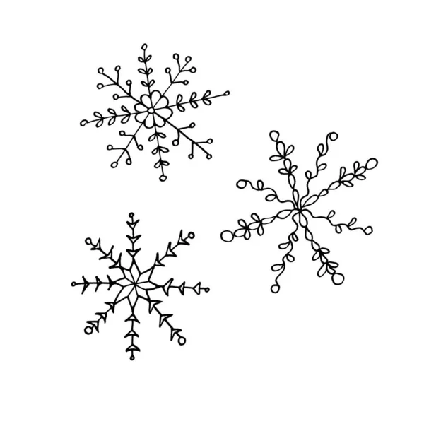 Uppsättning Snowflake isolerad på vit bakgrund. Linjekonst, klotter, skiss, handritad. Xmas nyår vinter element av design och ikoner. Enkel illustration för gratulationskort, kalendrar, utskrifter — Stockfoto