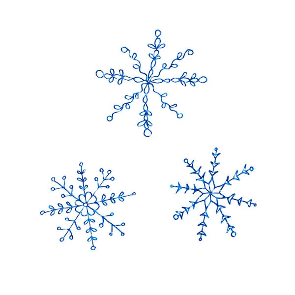 Uppsättning Snowflake isolerad på vit bakgrund. Linjekonst, klotter, skiss, handritad. Xmas nyår vinter element av design och ikoner. Enkel illustration för gratulationskort, kalendrar, utskrifter — Stockfoto