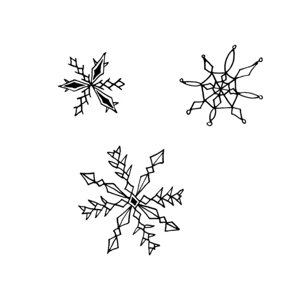 一组被白色背景隔离的雪花。 线条艺术，涂鸦，草图，手绘。 圣诞新年的设计元素和图标. 贺卡、日历、印刷品的简单说明 — 图库照片