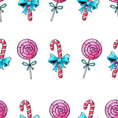 Kusursuz el çizimi desen. Suluboya şeker, şeker, lolipop. Yeni yıl, Noel, tatil geçmişleri ve dokuları. Tebrik kartları, ambalaj kağıdı, kumaş, baskı için.