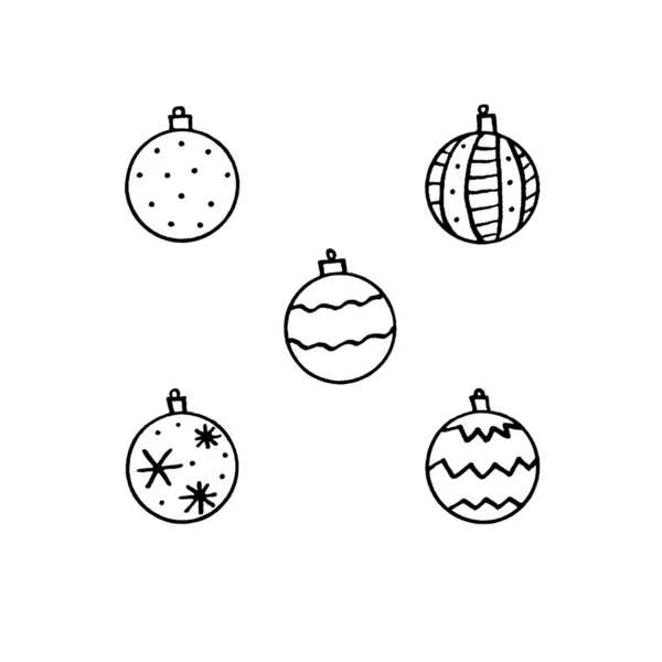 Conjunto de bola de árbol de Navidad aislado sobre fondo blanco. Año nuevo y el contorno de Navidad, garabato, boceto, dibujado a mano. Ilustración simple para tarjetas de felicitación, calendarios, impresiones, libro para colorear para niños —  Fotos de Stock
