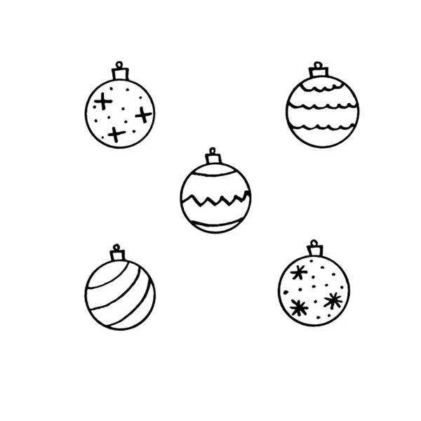 크리스마스 트리볼 세트 장은 흰색 배경에 분리되어 있다. 새해와 크리스마스 윤곽, 낙서, 스케치, 손그리기. 카드, 달력, 프린트, 어린이 색칠 책을 위한 간단 한 삽화입니다. — 스톡 사진