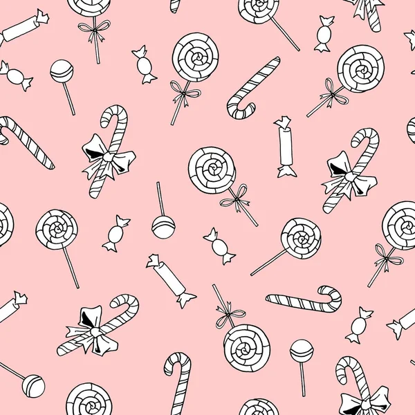 Seamless hand drawn pattern. Candy cane, sweets, lollipop. New year Xmas holidays backgrounds and texture. For greeting cards, wrapping paper, fabric, print.