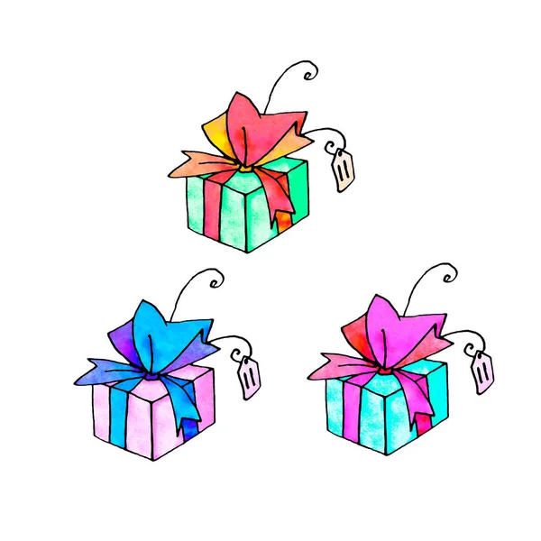 Set of Gift, present box. Christmas, new year, birthday, other holiday. Simple watercolor illustration for greeting cards, calendars, prints, children's book. Doodles, line art, hand drawn — Stock Photo, Image