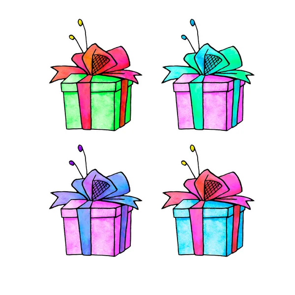 Set of Gift, present box. Christmas, new year, birthday, other holiday. Simple watercolor illustration for greeting cards, calendars, prints, children's book. Doodles, line art, hand drawn — Stock Photo, Image