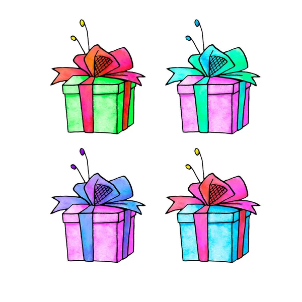 Set of Gift, present box. Christmas, new year, birthday, other holiday. Simple watercolor illustration for greeting cards, calendars, prints, children\'s book. Doodles, line art, hand drawn