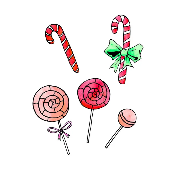 Állítsa akvarell cukornád, édességek, nyalóka. Újévi karácsonyi ünnepek vonal művészet, firka, vázlat, kézzel rajzolt. Egyszerű színes illusztráció üdvözlőkártyák, meghívók, naptárak, nyomatok — Stock Fotó