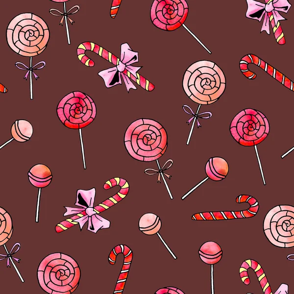 Seamless hand drawn pattern. Watercolor candy cane, sweets, lollipop. New year, Xmas, holidays backgrounds and texture. For greeting cards, wrapping paper, fabric, print — Stock Photo, Image