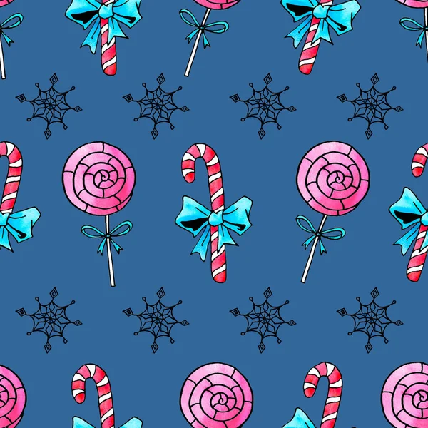 Naadloos handgetekend patroon. Aquarelsuikerriet, snoep, lolly. Nieuwjaar, Kerstmis, vakantie achtergronden en textuur. Voor wenskaarten, inpakpapier, stof, bedrukking — Stockfoto