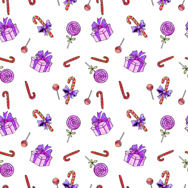 手描きのシームレスなパターン。水彩キャンディ杖、お菓子、ロリポップ。新年、クリスマス、休日の背景とテクスチャ。グリーティングカード、包装紙、布、プリント用 — ストック写真