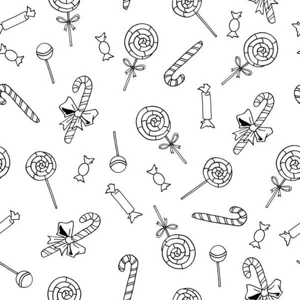 Seamless pattern. Candy cane, sweets, lollipop. New year Xmas holidays backgrounds and textures. Doodles, hand drawn, outline. For greeting cards, wrapping paper, fabric, print, coloring book