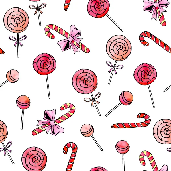Seamless hand drawn pattern. Watercolor candy cane, sweets, lollipop. New year, Xmas, holidays backgrounds and texture. For greeting cards, wrapping paper, fabric, print — Stock Photo, Image